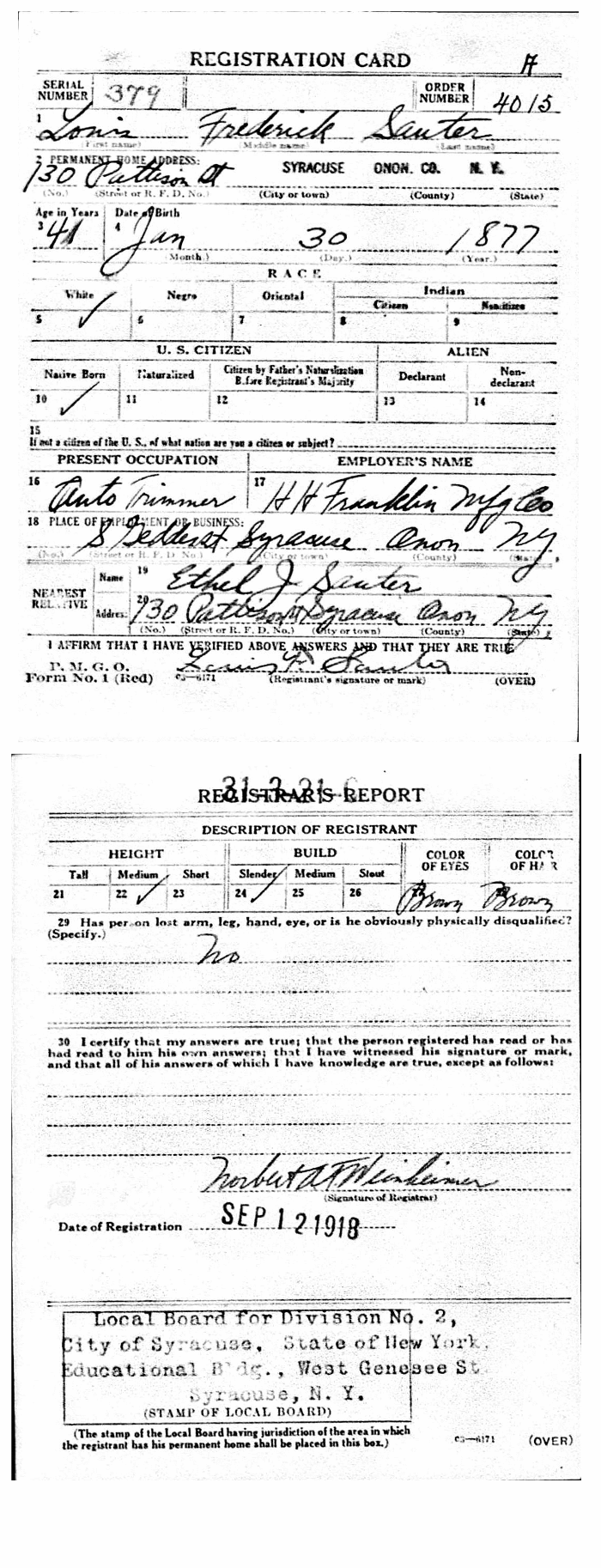 Louis Sauter WWI Draft Card